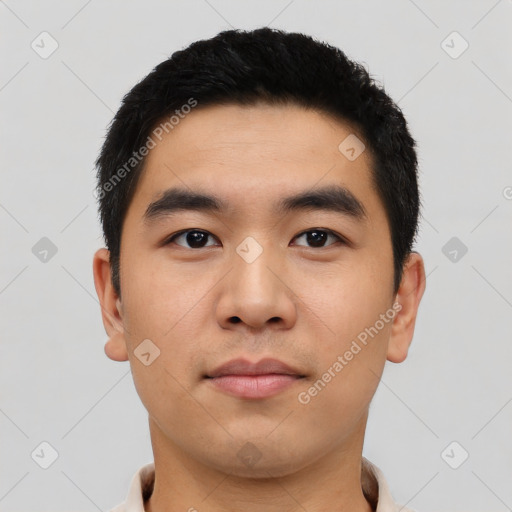 Neutral asian young-adult male with short  black hair and brown eyes