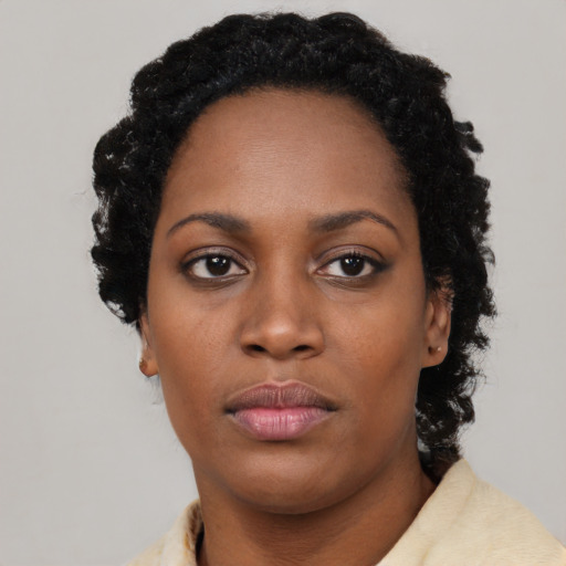 Neutral black young-adult female with medium  black hair and brown eyes