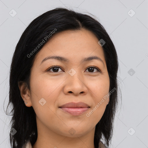 Joyful asian young-adult female with medium  brown hair and brown eyes