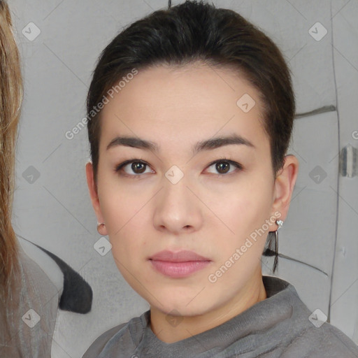 Neutral white young-adult female with medium  brown hair and brown eyes