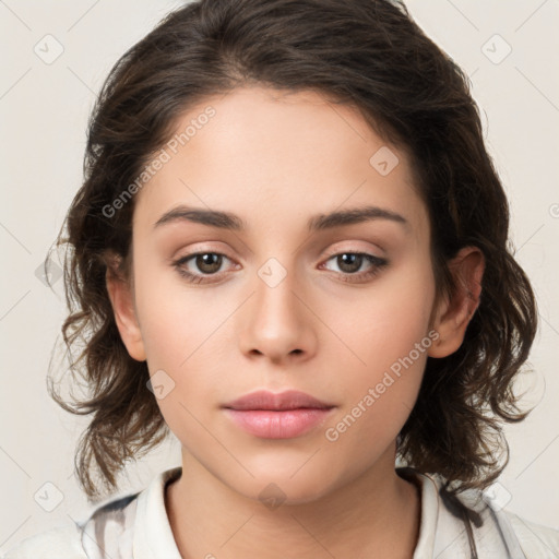 Neutral white young-adult female with medium  brown hair and brown eyes