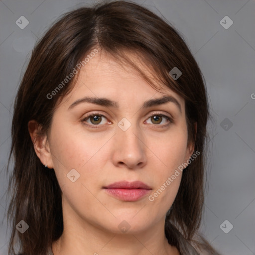 Neutral white young-adult female with medium  brown hair and brown eyes