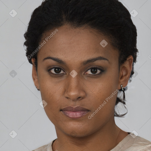 Neutral black young-adult female with short  black hair and brown eyes