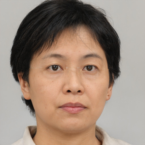 Neutral asian adult female with short  brown hair and brown eyes