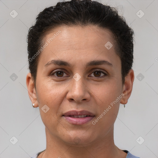 Joyful white adult female with short  brown hair and brown eyes