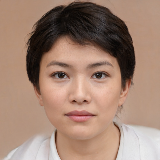 Neutral white young-adult female with medium  brown hair and brown eyes