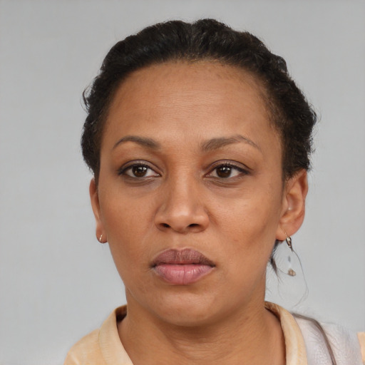 Neutral black adult female with short  brown hair and brown eyes
